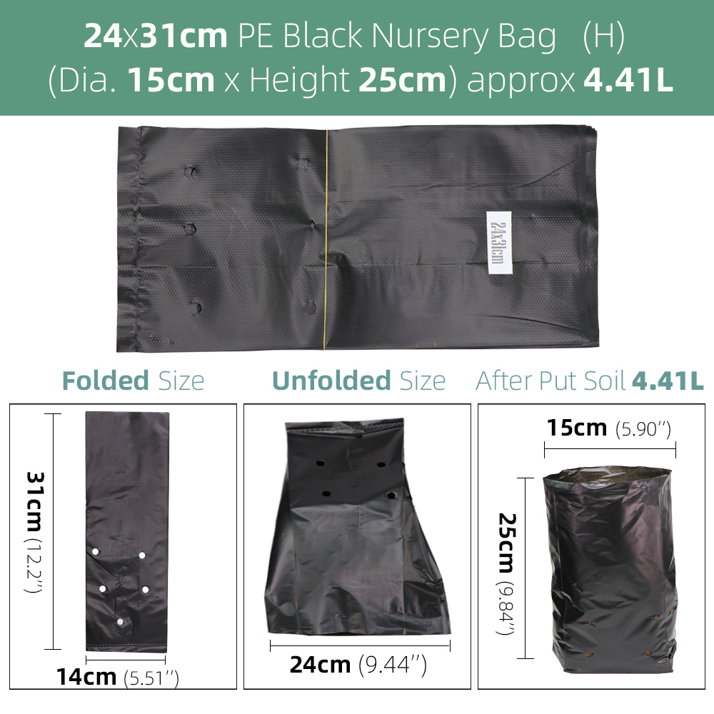 Bolsas gruesas para cultivo de plantas, macetas de plántulas ecológicas para jardín con agujeros transpirables, bolsas de plantación negras, bolsas de vivero de PE, 100 Uds.: Black 24x31m