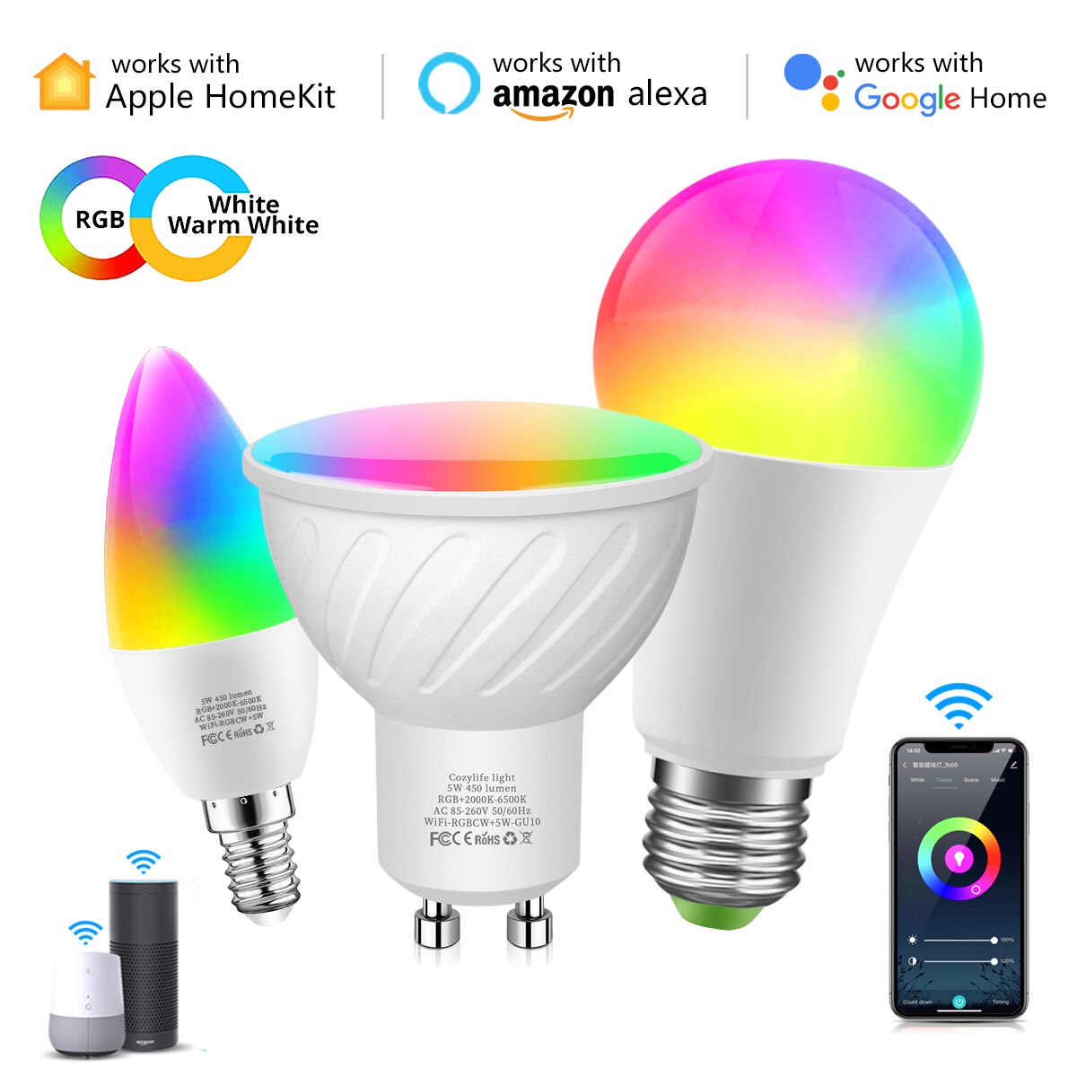 Homekit Smart LED Bulb GU10 E27 E14 RGBCW MFI Certified Dimmable Siri Control Night Lamp Work With Apple Home Alexa Google Home