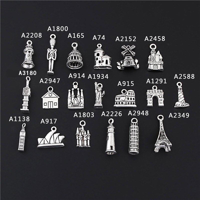 19Pcs Mix Zilver Kleur Lichtmetalen Soldaat Kasteel 3D Mini Tower Charms Building Hanger Sieraden Bevindingen Fit Accessoires M78