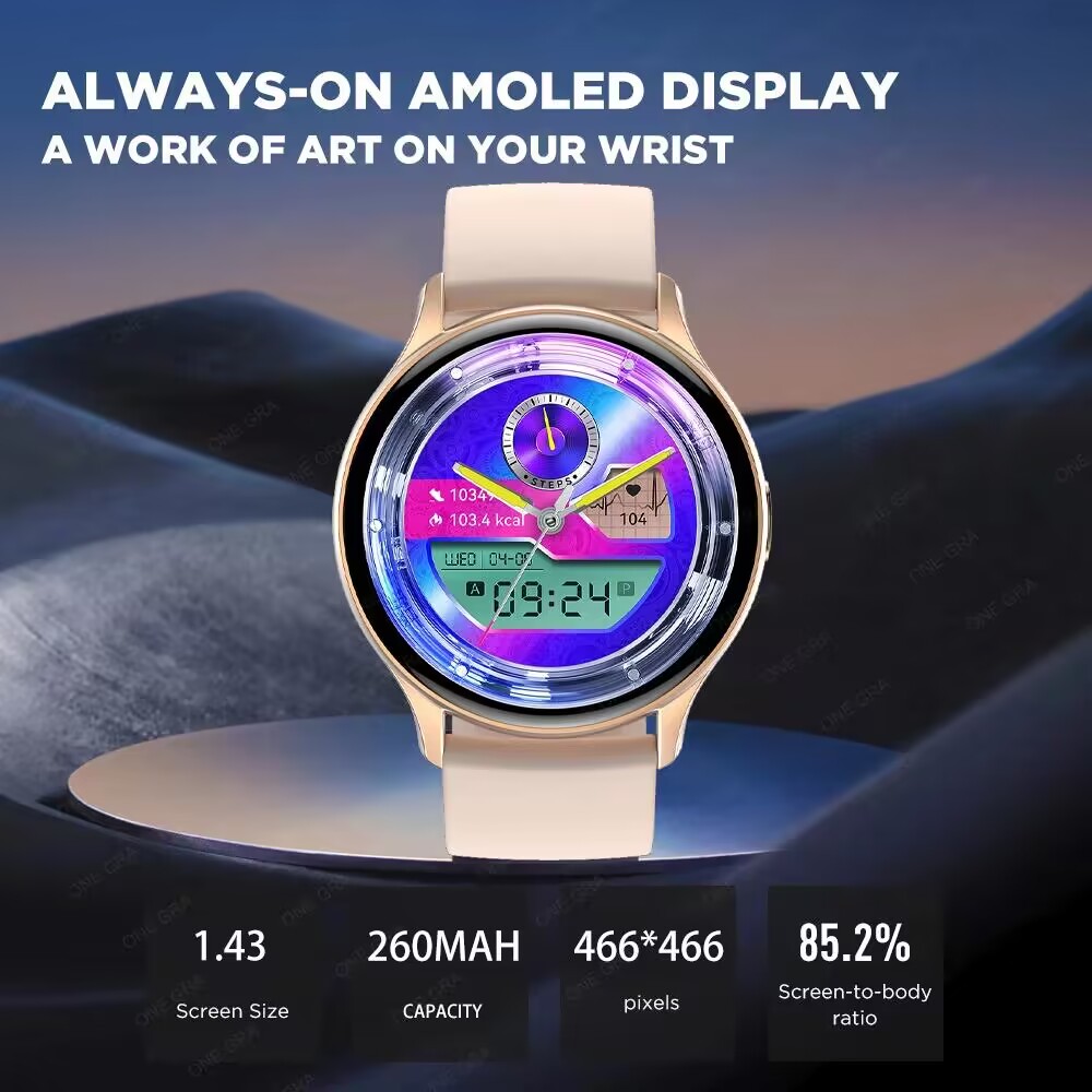 Montre intelligente AMOLED HK89 pour hommes et femmes, appel BT, surveillance de la santé, assistant vocal NDavid, toujours en affichage, suivi du fitness, sports, 1.43 pouces
