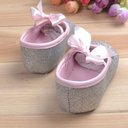 0-18M Newborn Baby Toddlers Bowknot Soft Ribbon Girl Glitter Crib Princess Paillette Shoes Anti-slip Soft Sole Prewalker