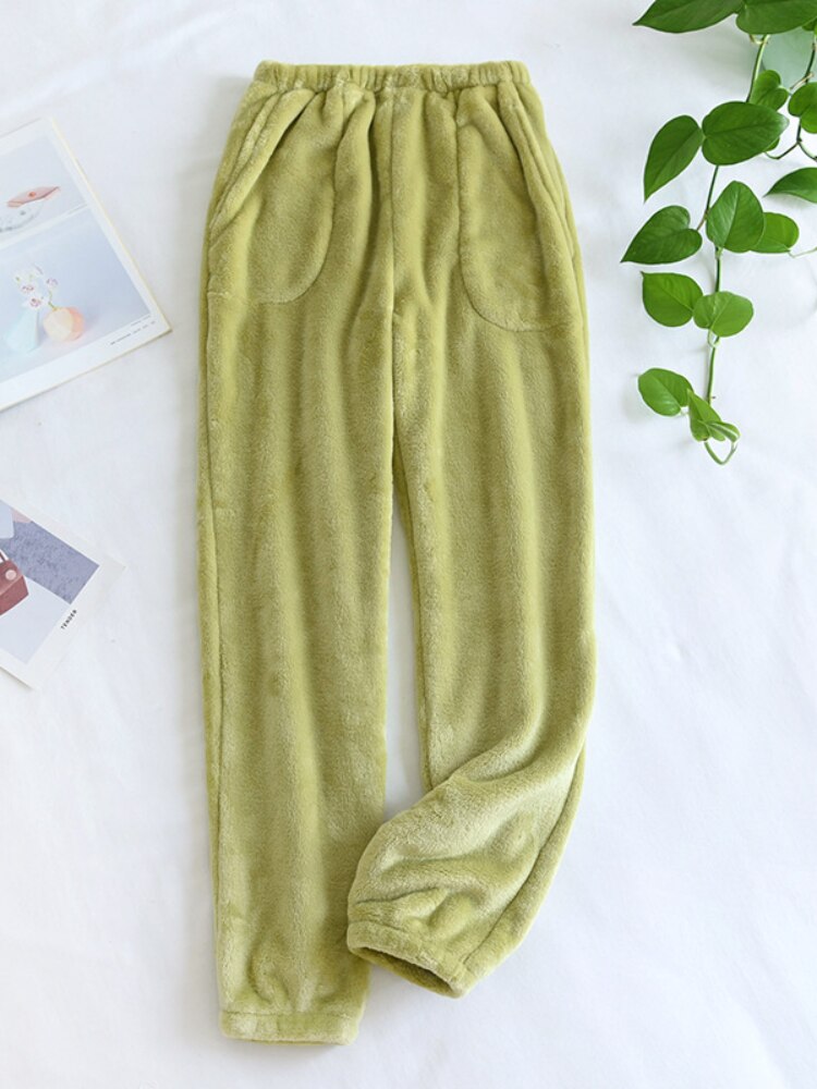 Pijamas de franela de pierna cerrada para mujer, pantalones cálidos para el hogar, Color sólido, holgados y Pijama gruesa, franela femenina: Avocado Green / L