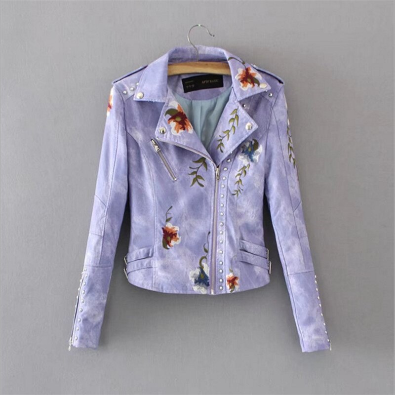 Euro Floral Embroidery Women Faux Leather Jacket Coat Lady Bomber Motorcycle Rivet Spliced Slim Short Jacket Outerwear