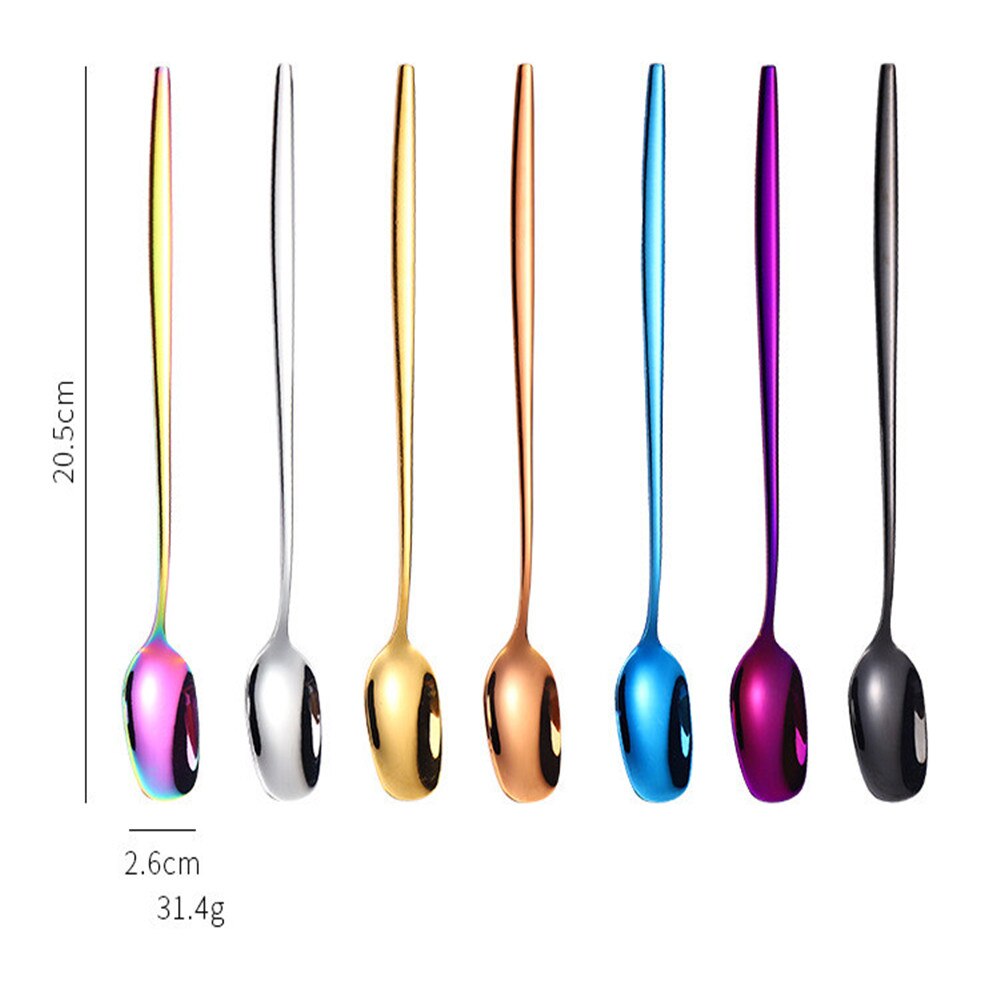 Square Head Round Korean 201 Stainless Steel Pointed Spoon Titanium Plated 7 Colorful Long Stirring Coffee Spoon