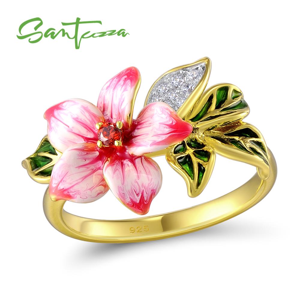 SANTUZZA Silver Ring For Women Authentic 925 Sterling Silver Pink Blooming Flower Charming Jewelry Handmade Enamel