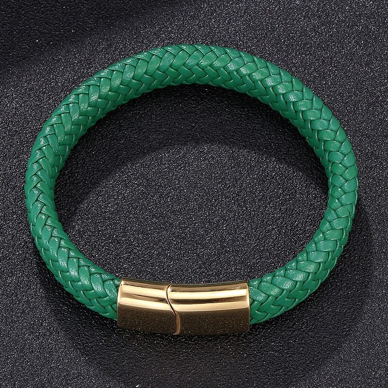 Men Jewelry Green Braided Leather Bracelet Stainless Steel Magnetic Clasp Punk Bangles Male Wrist Band S0016
