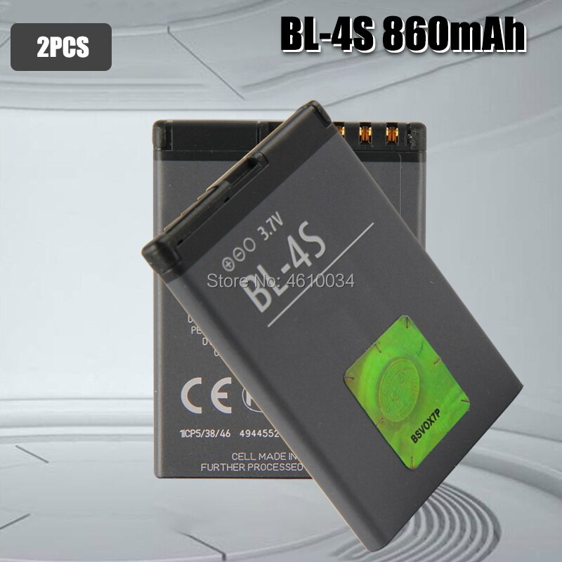 Batería de 4S BL BL-4S de , 860mAh, para Nokia 1006, 2680s, 3600s, 3602S, 6202C, 6208c, 7020, 7100s, 7610, X3-02, 3710f, BL4S: 2pcs