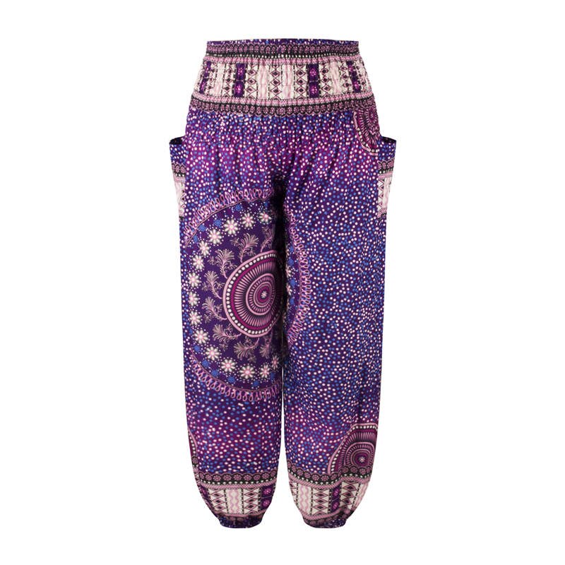 Men Thai Harem Pants Casual Trousers Loose Elastic Waist Vintage Print High Waisted Beach Pants Unisex Women Drawstring: D101795