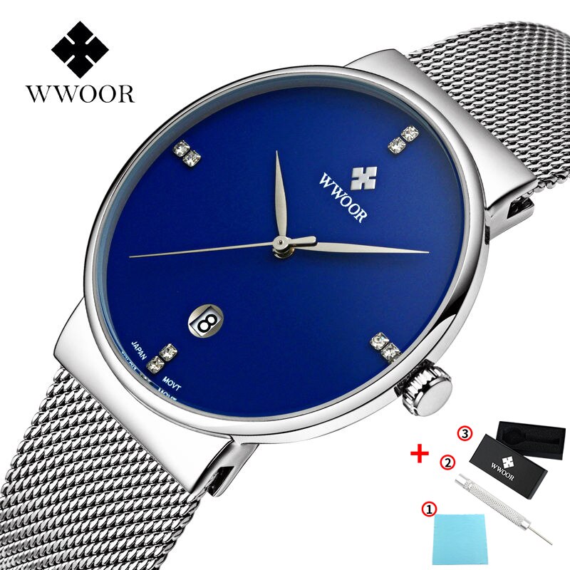 WWOOR-montre de luxe pour hommes, en acier inoxydable, doré, montre à Quartz minimaliste, diamant: Blue