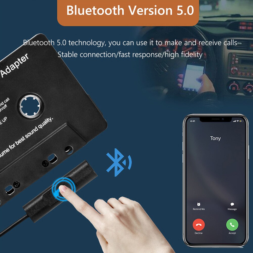 CICMOD Adaptateur Cassette Bluetooth 5.1 - Universel Autoradio AUX - Mains Libres & Réglage Volume Noir