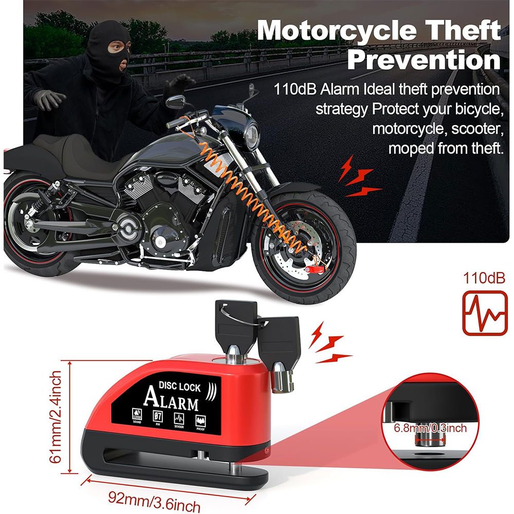Motorfiets schijfremslot met 120dB alarm, oplaadbare motorfietssloten anti-diefstal voor 7 mm motorfietsremhelm wielslot