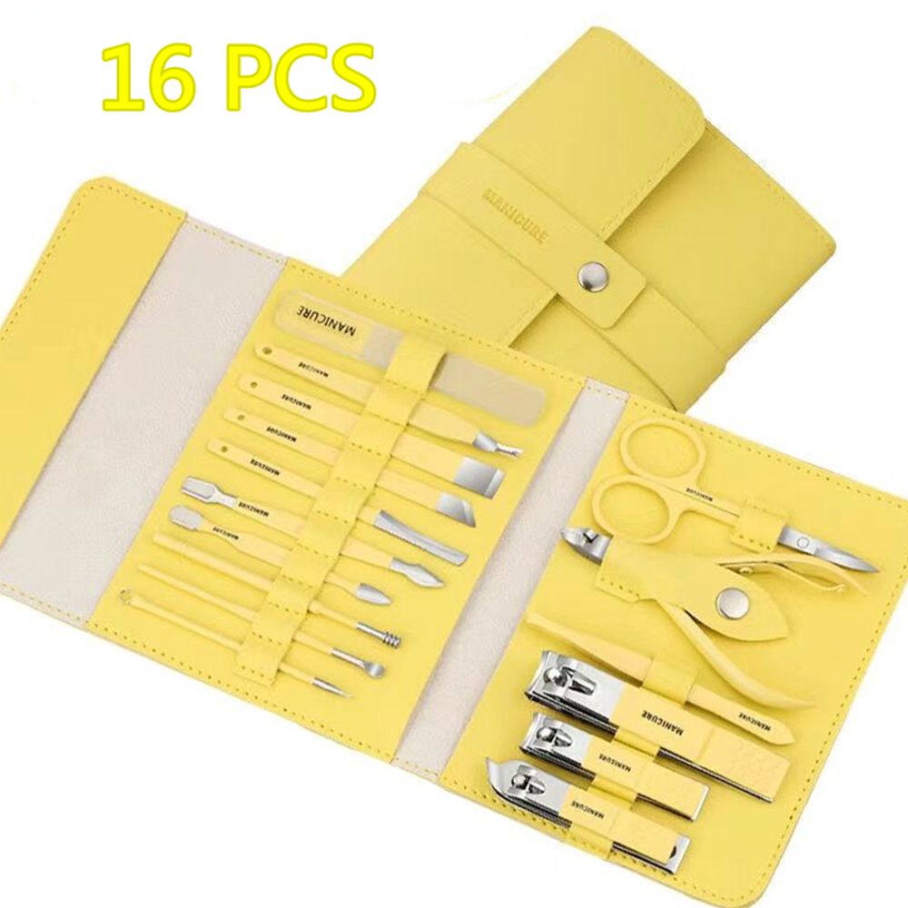 12-16pcs/set Nail Cutter Set Stainless Steel Nail Clippers Set With Folding Bag Manicure Cutter Kits Scissors Makeup Beauty Tool: 16pcs yellow