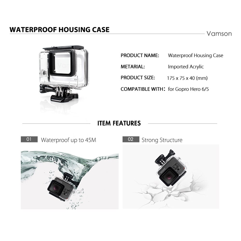 Vamson voor Gopro Hero 7 Zwart 6 5 4 Accessoires Waterdichte Bescherming Behuizing Case Duiken Onderwater 45 M Beschermende Camera VP630