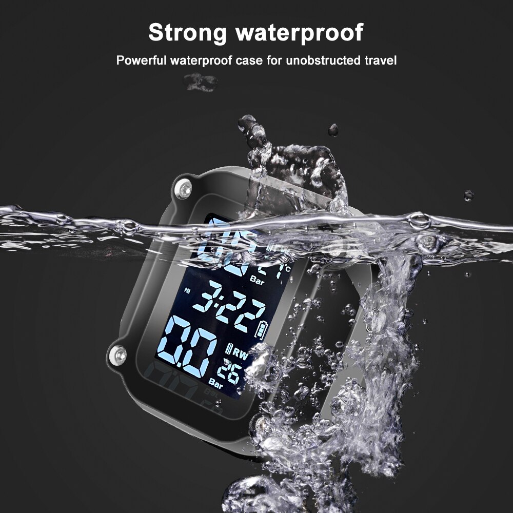 Motorcycle TPMS Motor Tire Pressure Tyre Temperature Monitoring Alarm System with 2 External Sensors USB Solar Charging