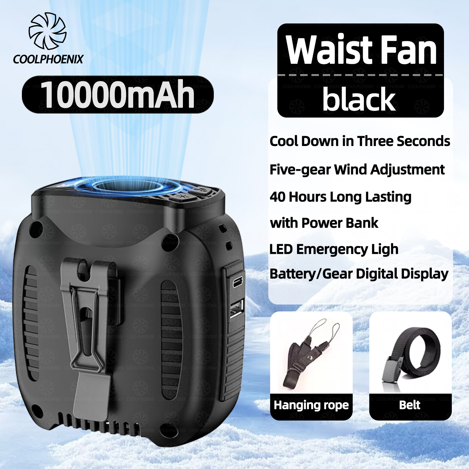 10000 mAh tragbarer Ventilator, wiederaufladbar, Taillenventilator mit bis zu 40 Stunden Arbeitszeit, freihändiger hängender Halsventilator, tragbarer Gürtelventilator: Black