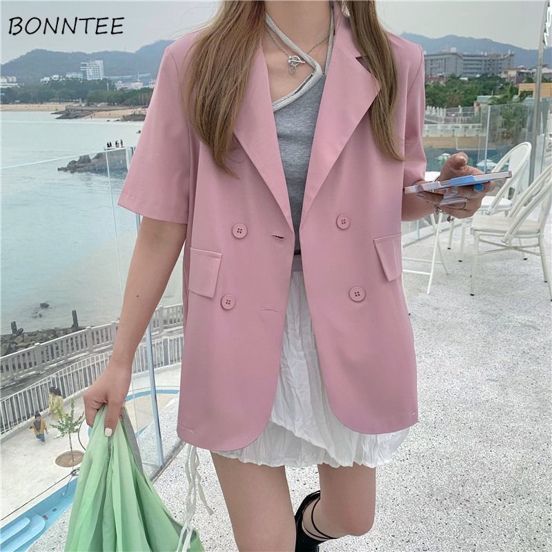 Blezery damskie jednolity, z nacięciem dwurzędowy modny workowaty koreańnarty styl wypoczynek lato z krótkim rękawem cały mecz elegancki prosty