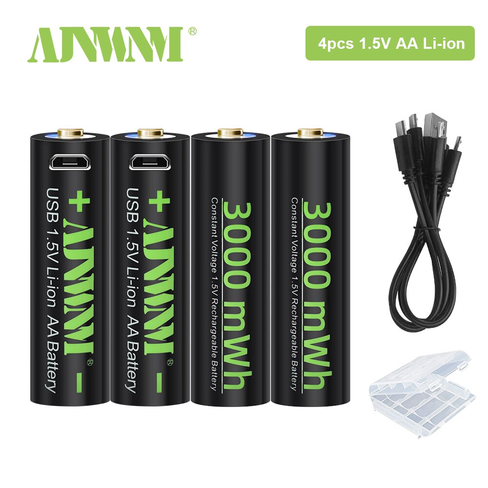 Ajnwnm 1.5v aa usb genopladeligt li-ion batteri 3000 mwh batterier aa til fjernbetjening trådløs mus + usb kabel: 4 stk aa batteri