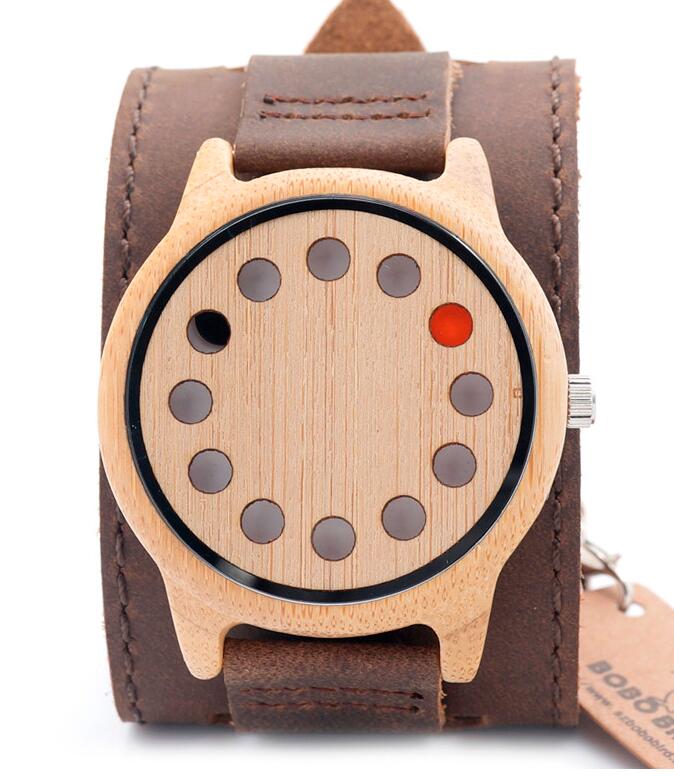 BOBO VOGEL Milieuvriendelijke Houten Horloge Heren Top Luxe Unieke Gaten Lederen Quartz Horloge met Lederen Band