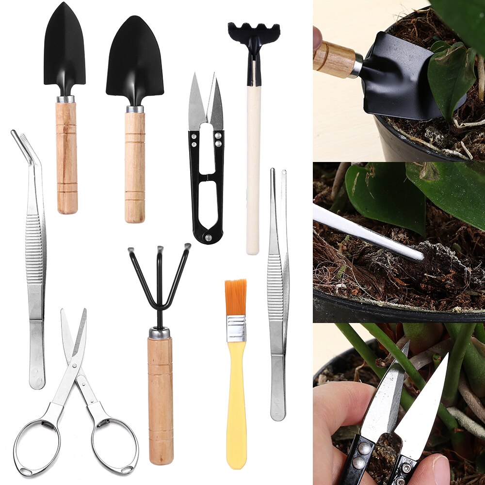 10Pcs/Set Succulent Plant Mini Gardening Potted Tools Kit Basic Bonsai Plant Transplant Digging Tool Bucket Shovel Hand Tools