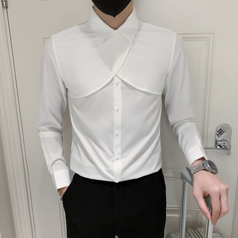 Black/White Spring Personality Spliced Long Sleeve Tuxedo Shirts For Men Clothing 2022 Slim Fit Casual Chemise Homme