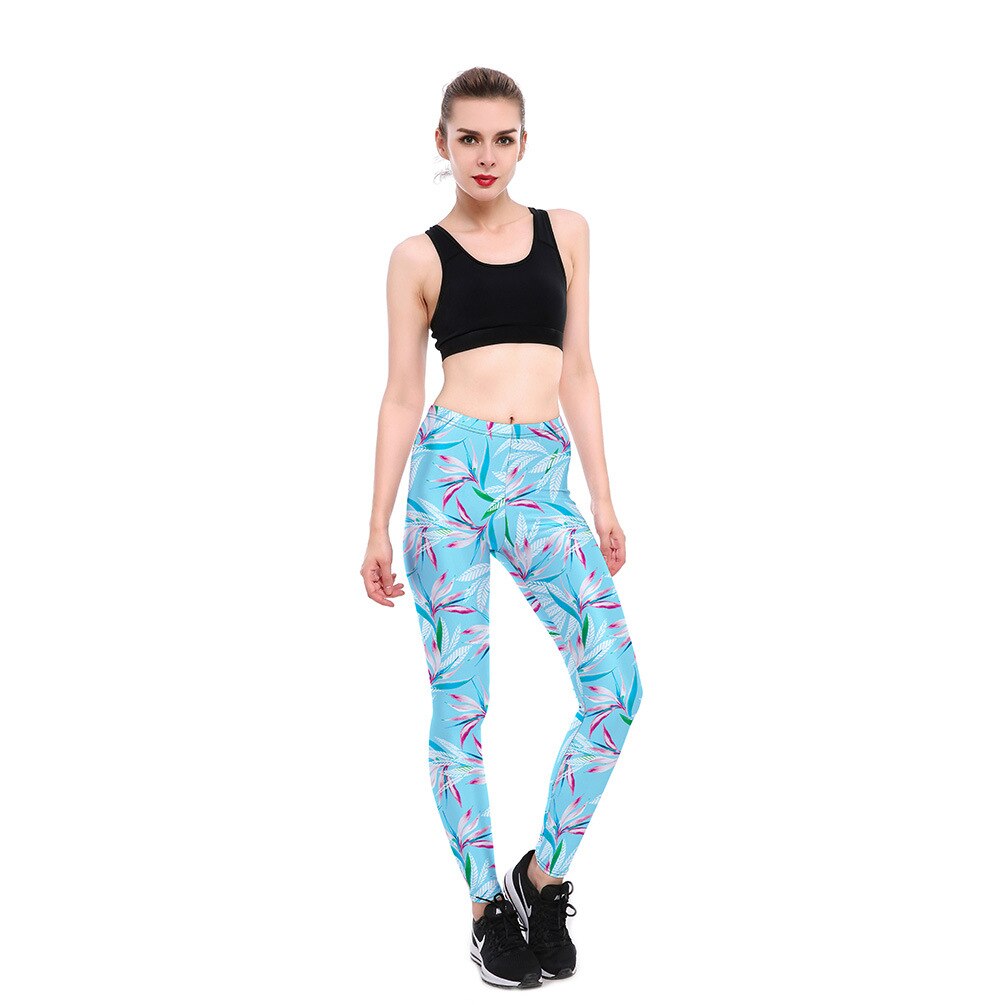 JIGERJOGER Canna floral lake Blue leaves digital printing leggings sports Playsuit Fitness Leggings Pants Running Bottoms