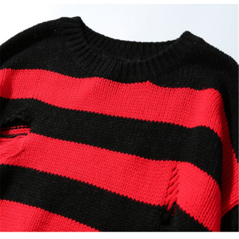 Svart rød stripete gensere vasket ødelagt revet genser menn hullstrikkegensere menn kvinner oversized genser harajuku