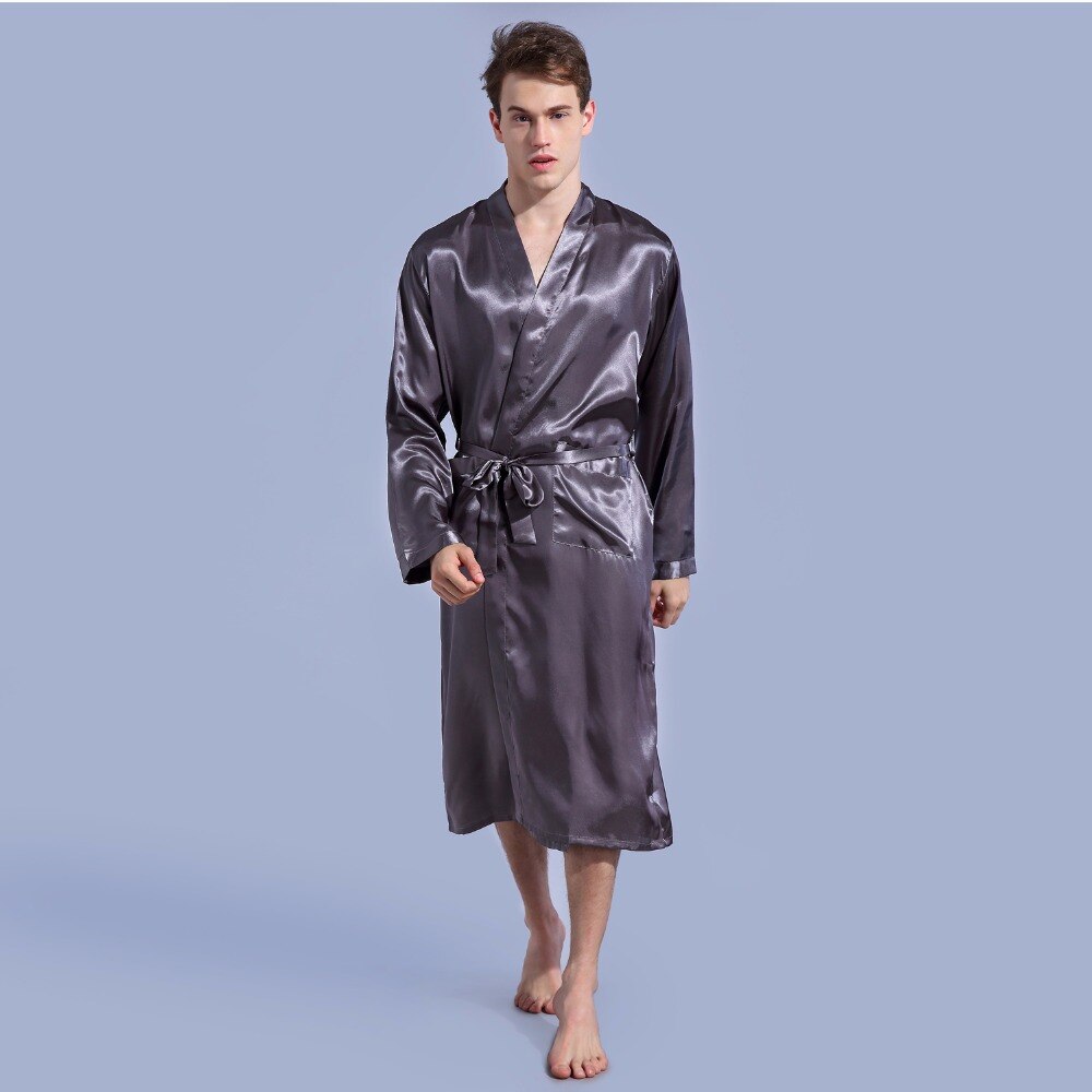 Marineblå badekåpe uformelt natttøy ночное платье pyjamas løs fritid herre nattøy rayon sateng kappe kjole fast kimono: Grå / M