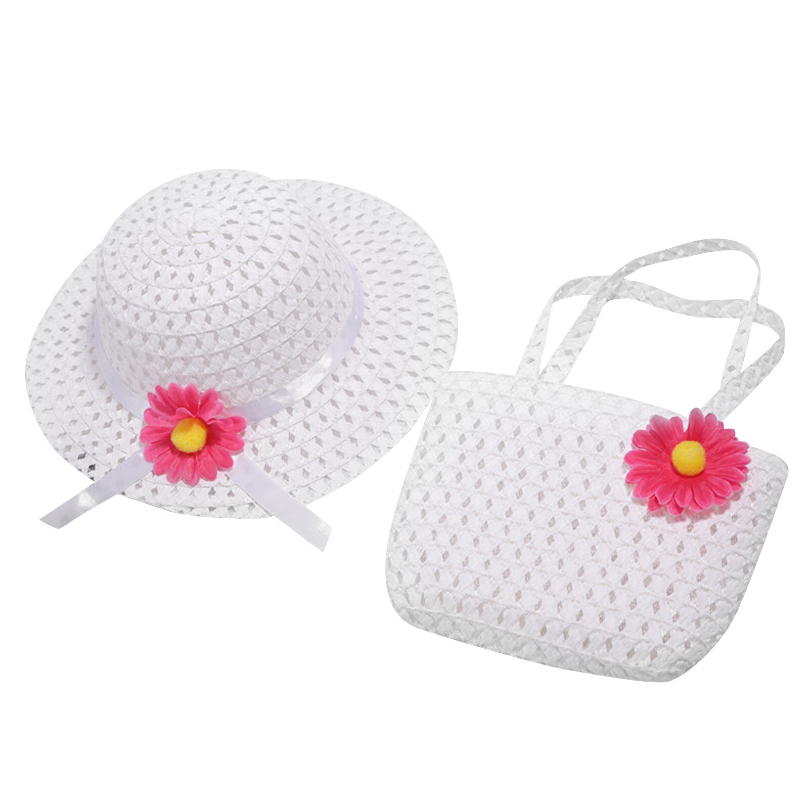 Zomer Baby Bloem Ademend Strohoed Met Handtas Tassen Kids Hoed Meisjes Zonneklep Uv-bescherming Panama Hoed Gorras: WHITE