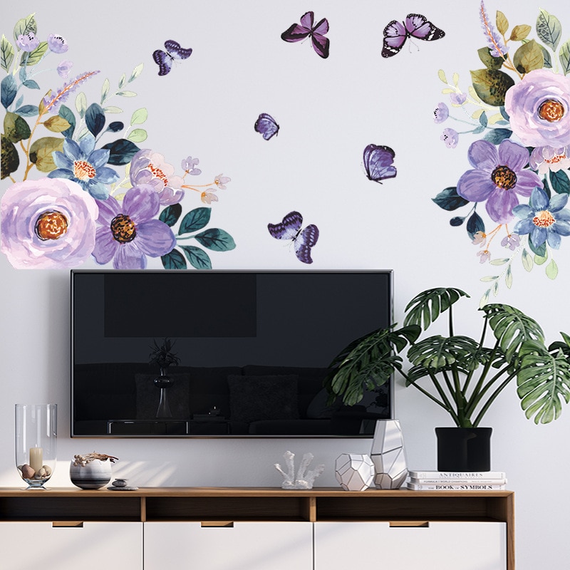 Pegatinas de pared de flores de acuarela creativas para sala de estar, decoración de dormitorio, autoadhesivo extraíble, calcomanías de pared de PVC, decoración de murales artísticos