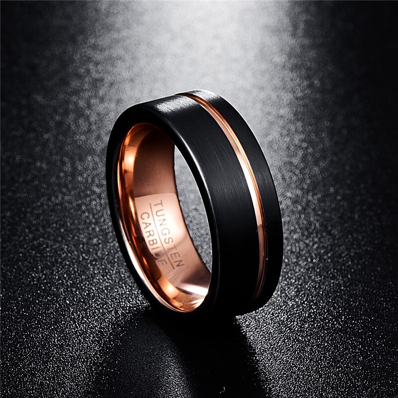 Fishion 8Mm Wide Zwart Dunne Rose Gouden Lijn Mannen Ring 100% Tungsten Carbide Ring Mannelijke Wedding Bands Sieraden