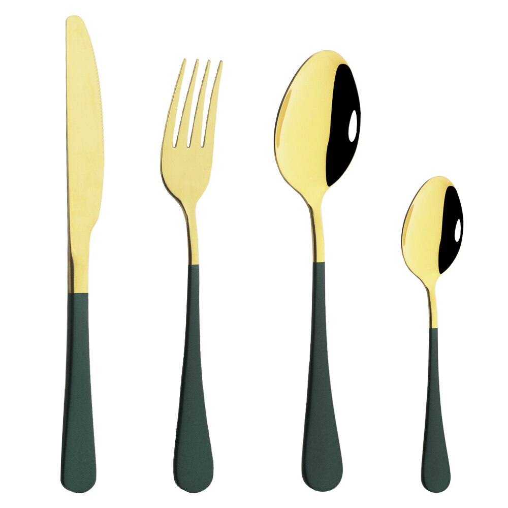 Couverts de cuisine en or blanc, 4 pièces, argenterie, service de table en acier inoxydable, service de table, couteau, fourchette, cuillère: Green Gold