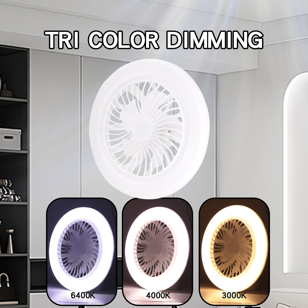Luz LED para ventilador de techo E27 con control remoto, atenuación, velocidad del viento regulable de 3 velocidades, adecuada para sala de estar, estudio, baño
