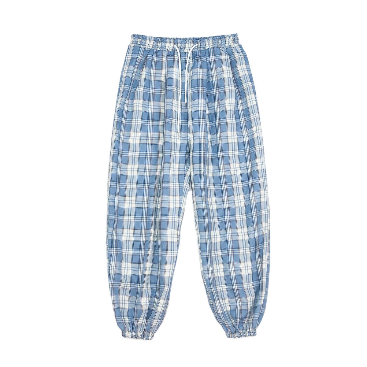 Herfst koreaanse geruite broek heren retro trekkoord casual broek heren streetwear losse hiphop rechte broek heren broeken: M / Blauw