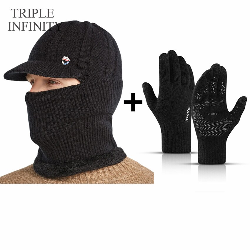 TRIPLE INFINITY Winter Men Knitted Hat Thick Windproof Dust-proof Sun Visor Hats Outdoor Cycling Warm Bonnet Male Baseball Cap: Winter Warm Set A