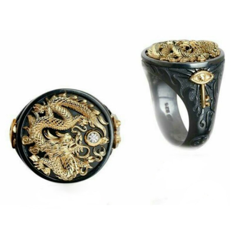 Gothic Punk Ring Men Retro Dragon Rings Black Gun Gold Animal Male Ring Party Jewelry Statement Anillos para hombres Size 7-13