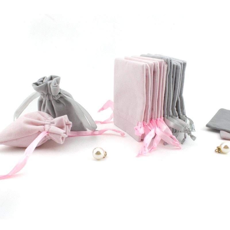 5 stk.  (8 x 10cm)  lyserød og grå farve adskillelse flannel poser smykker display emballeringsposer fløjl snøreposer poser