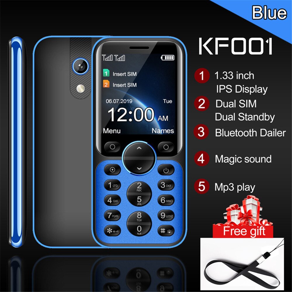 Kf001 mini mobiele telefoons met bluetooth-functie, kleine balk, magic voice  mp3 play, dual simkaart: Voeg 16g tf-kaarten toe / Blauw