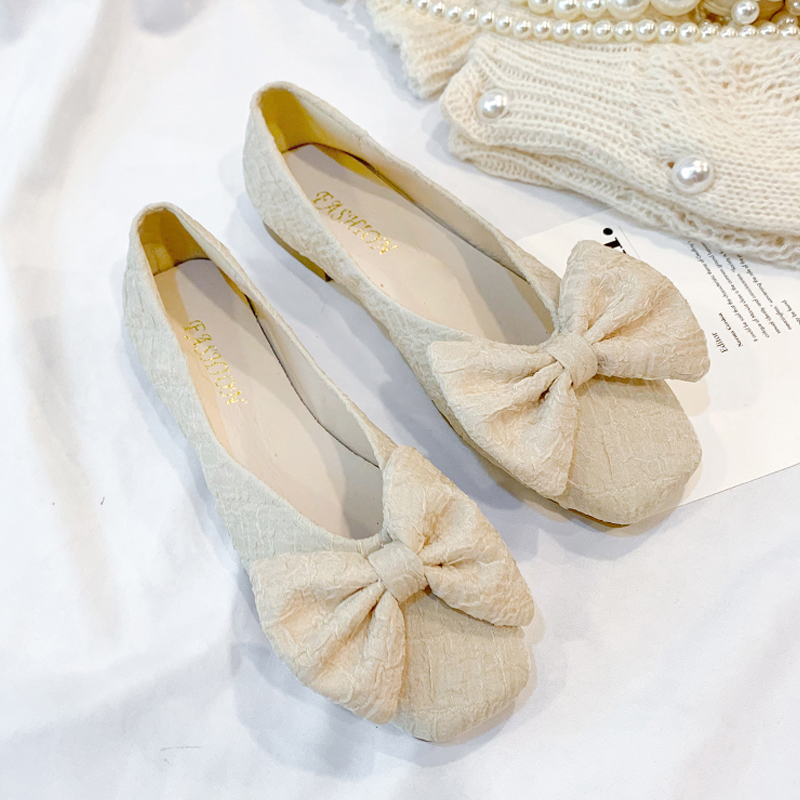 Chaussures plates en cuir avec nœud papillon pour femmes, ballerines de fête à bout carré, taille 35-40, peu profondes, vc2627: Beige / 35