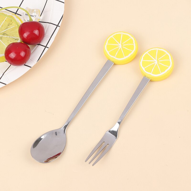 Tenedor de acero inoxidable con forma de fruta para niños, Mini tenedores para fruta, pastel, postre, ensalada, cubiertos de comida de dibujos animados, herramienta de cocina, 2 uds.: Orange