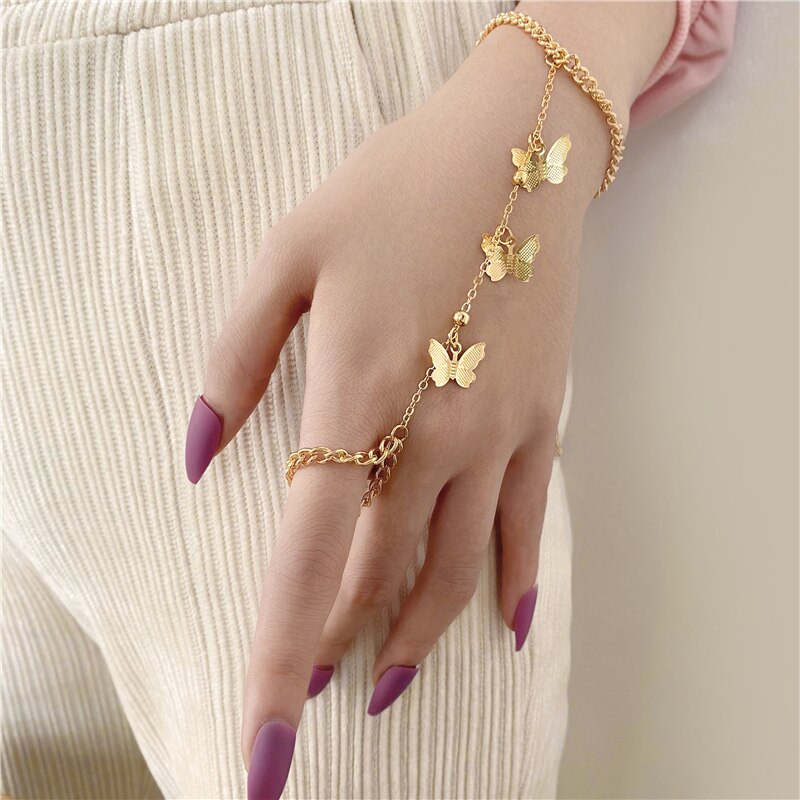 17KM Punk Gold Color Long Chain Butterfly Shape Ring for Women Girls Hiphop Rings Party Jewelry