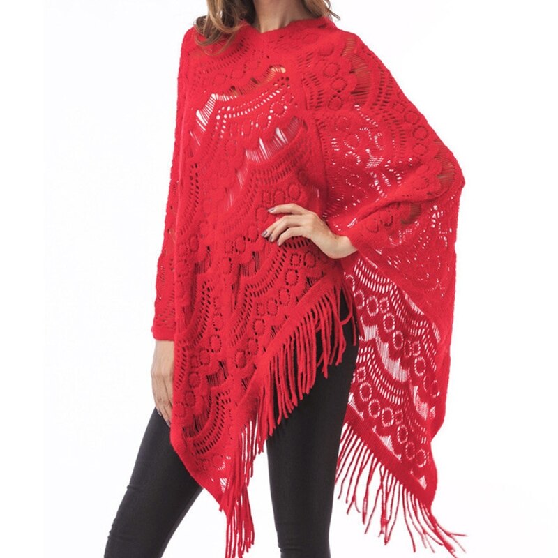 Women Hollow Out Crochet Sweater Cape Pullover Knit Shawl Scarf Tassel Poncho M89E
