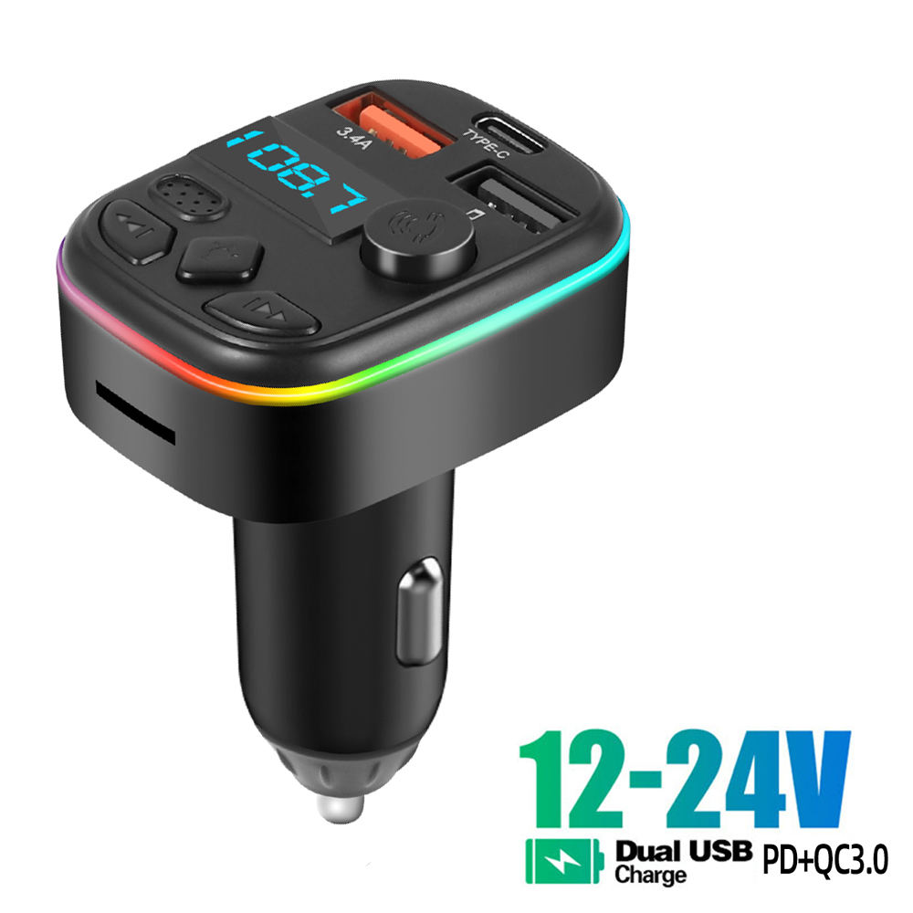 Auto Bluetooth 5.0 Fm-zender Handsfree Carkit Met PD 20W Type-C Dual USB 3.4A Snelle oplader Omgevingslicht Sigarettenaansteker: WHITE