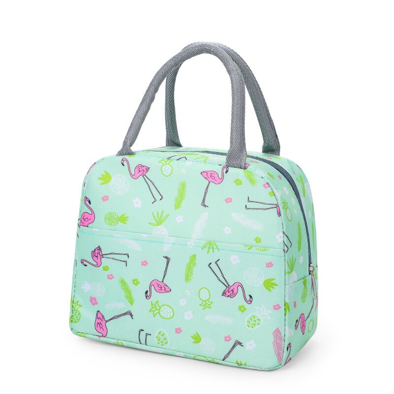 Functional Cute Pattern Lunch Bag Portable Insulated Canvas Cooler Bog Thermal Food Picnic Lunch Bags For Women Kids: Green Flamingo