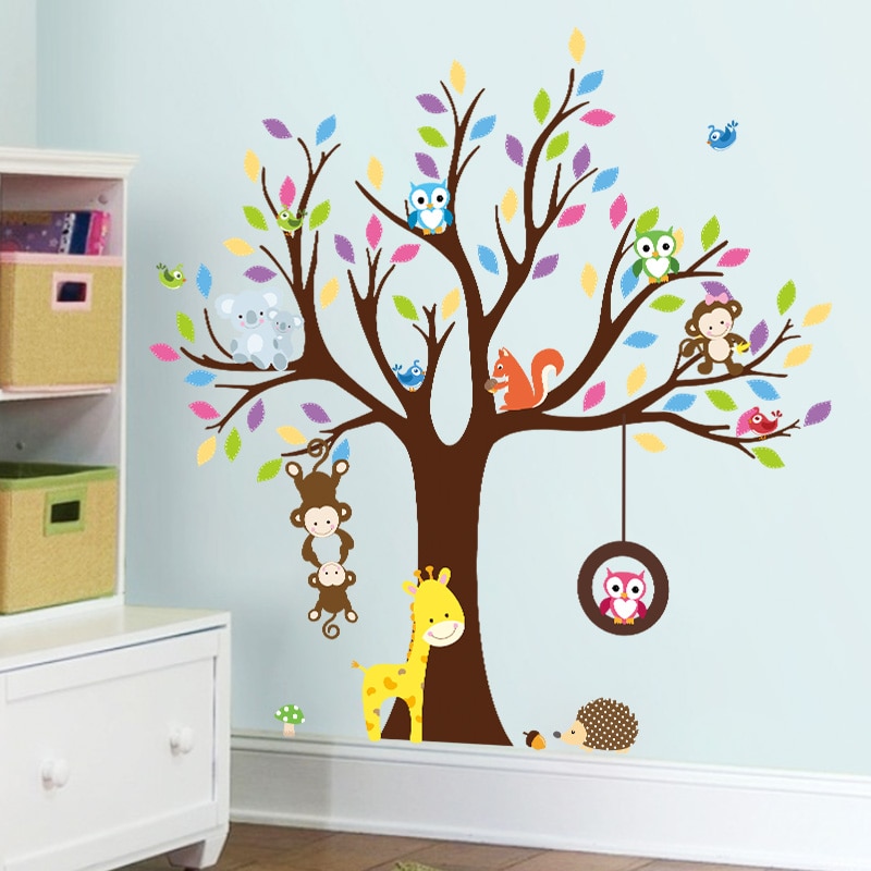 Kleurrijke boom dier muurstickers voor kinderkamer decoratie aap uil dierentuin cartoon diy kinderen baby home decal muurschilderingen