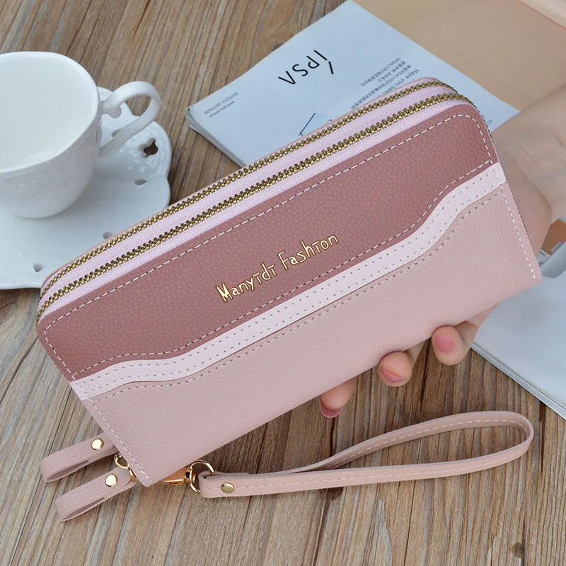 Wallet Ladies Long Double Zipper Large Capacity Clutch Splicing Contrast Color Mobile Phone Bag Wallets for Women: Pink