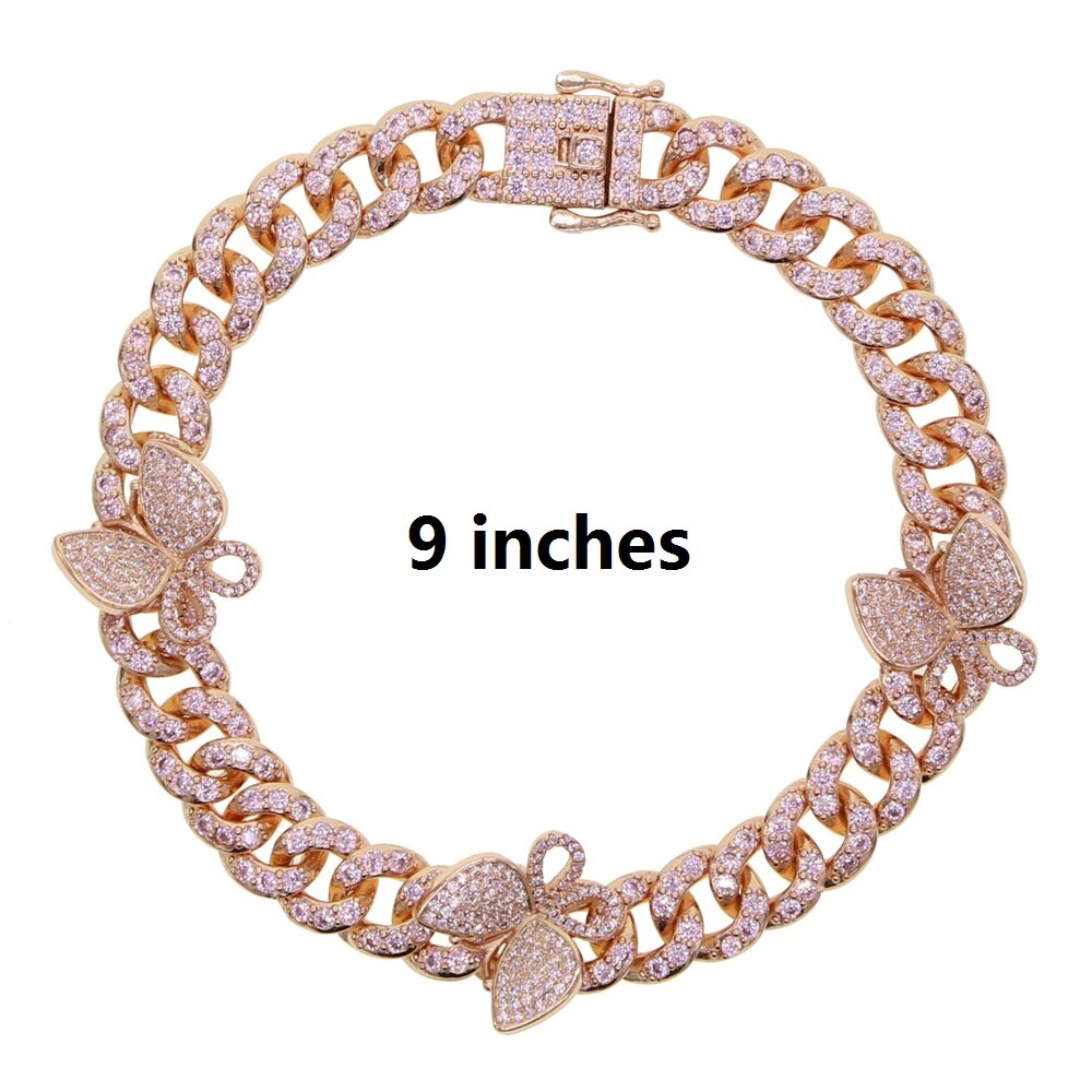 sommer neue Tennis Rosa Fußkettchen Kette Schmuck charmant kubanisch Verknüpfung Strass Mini cz gepflasterte Schmetterling Fußkettchen: Rose Gold Rosa 23CM