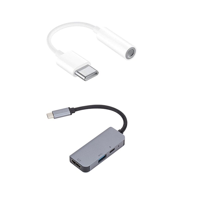 3Pcs Type C to 3.5mm Headphone o Adapter & 1x USB3.1 Type-C to HDMI HUB DP Docking Station USB-C Interface Adapter: Default Title