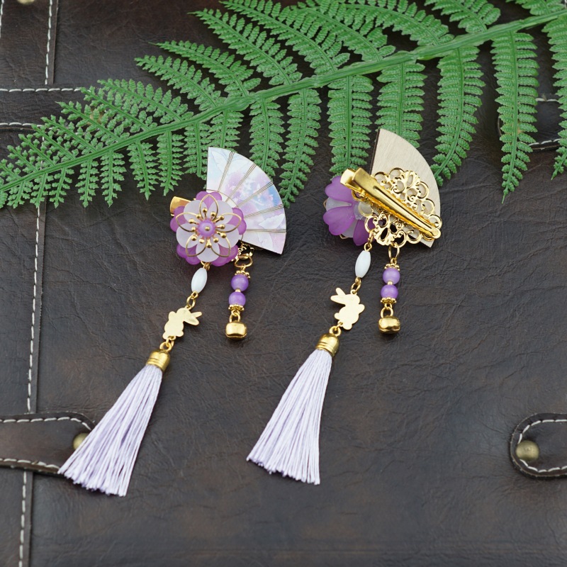 1 Pair Chinese Style Girls Handmade Fan-shaped Hair Clips With Tassels Kids Hair Accessories