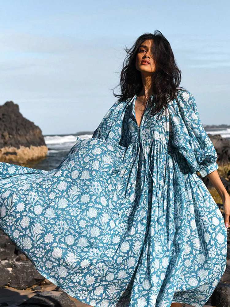 Oversized Casual Loose Dresses Women Summer Floral Printed Long Dresses Lantern Sleeve Boho Beach Dress