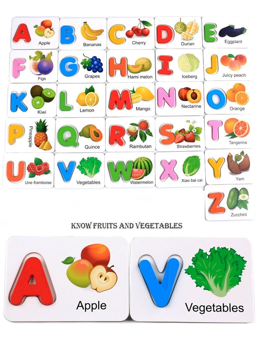freundlicher ABC Englisch Buchstaben Kognitiven Karten Holz Obst Gemüse Alphabet Lernen Passenden Rätsel Spielzeug
